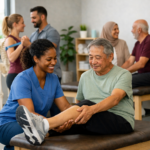 Physiotherapist assisting a patient during a leg exercise in a bright, modern clinic with other patients and therapists in the background.