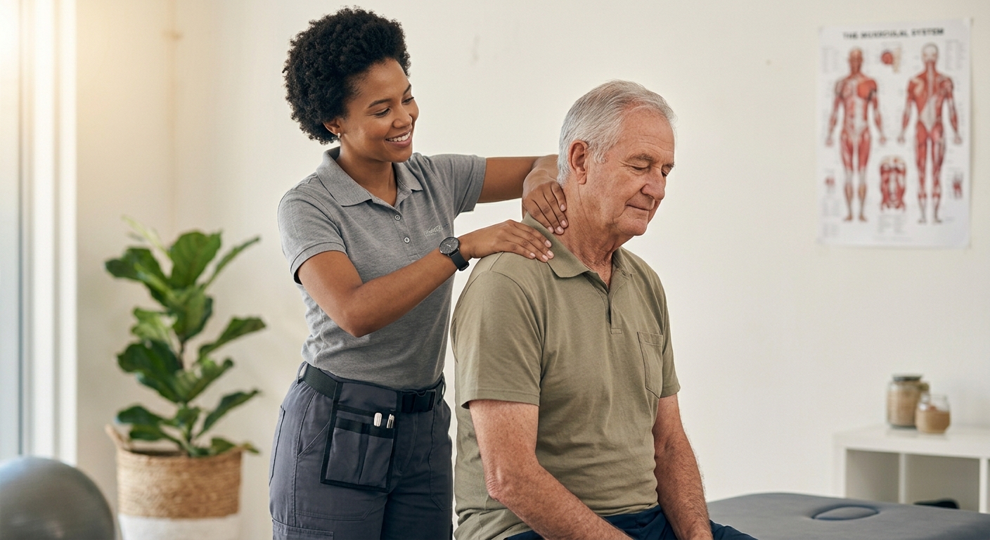 Female physiotherapist in professional gray uniform gently examining and treating an elderly man's neck and shoulders in a modern clinic setting.